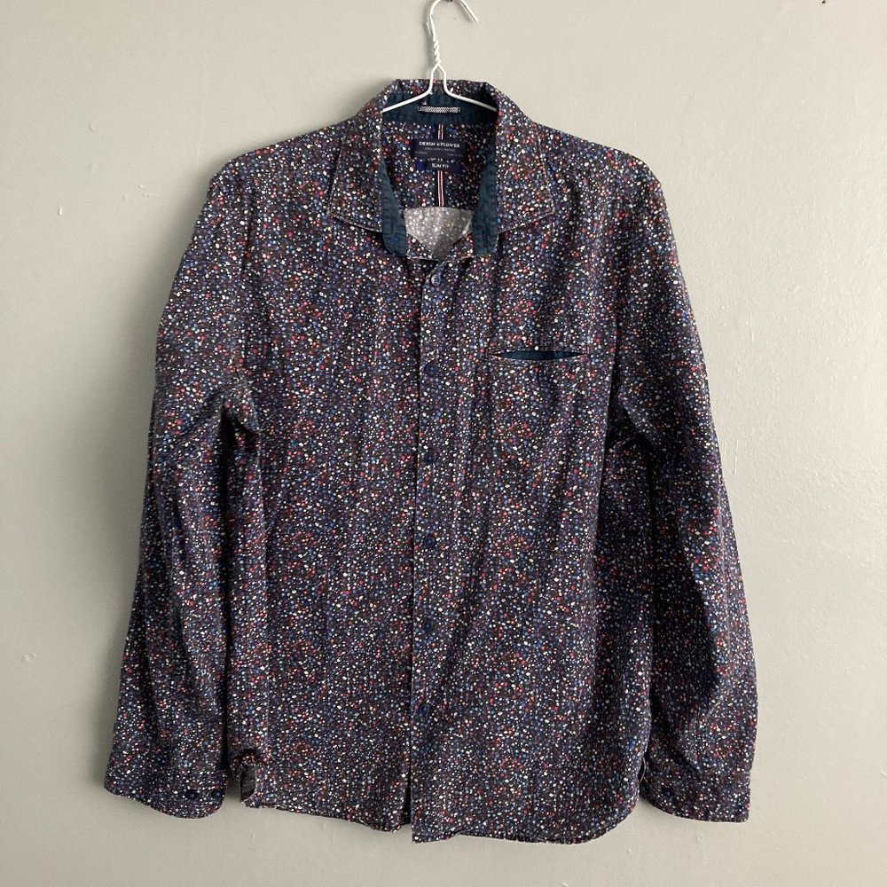 Denim & Flower Men’s Slim Fit Button Up Shirt Blue Floral Size L